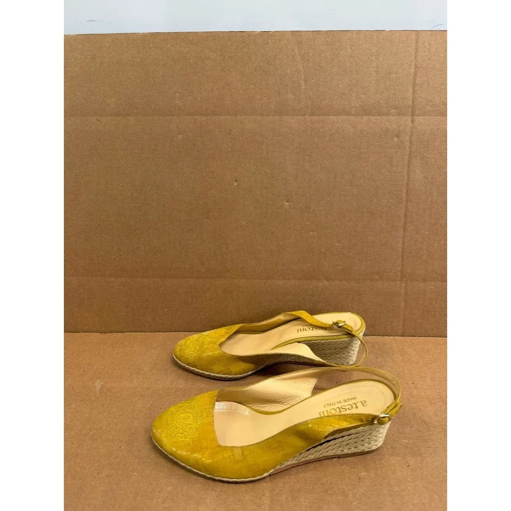 A.Testoni Embroidered Suede Leather Slingback Espadrille Wedge Yellow Size 37 EU